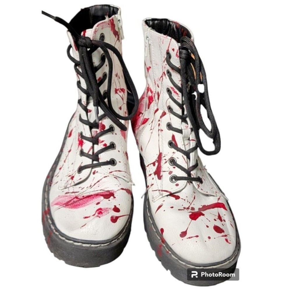 Blood Splatter White Combat Boots Womens 8.5 Unisex Union Bay OOAK Artist Signed - Picture 2 of 8